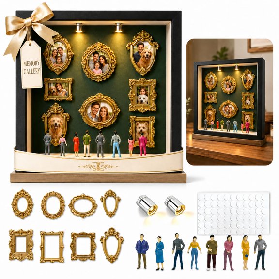 Mini Museum Shadow Box Kit, Museum of Us Picture Frame with LED Lights, Green Mat, Mini Gold Frames & People Figurines, DIY Memory Display for Home Decor Graduation Gifts