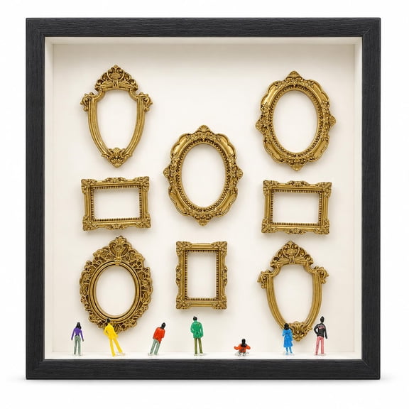 Mini Museum Silhouette Box Kit: Shadow Box Frame Display Case with Gold Mini Frames Figurines Black Tabletop Decor for Wedding Family Memory Keepsake 9.94 Inch