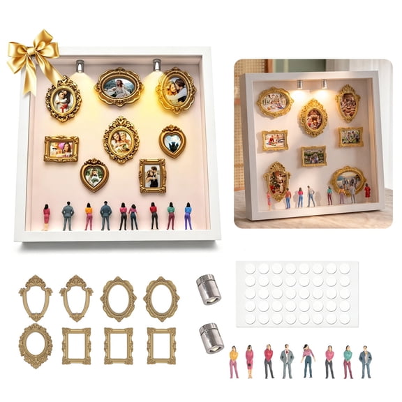 Mini Museum Silhouette Shadow Box Frame, DIY Memory Display Photo Craft Kit with LED String Lights, Mini Gold Frames & Figurines, for Anniversary, Wedding, Birthday & Home Decor