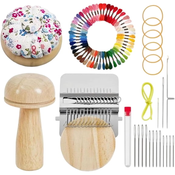 Mini Mushroom Darning Looms, Knit Patch Kit with 14 Hooks, 14 Needles, 50 Colors of Thread, Handcraft DIY Weaving Repair Tool Darning Kit for Beginners Mending Jeans Socks