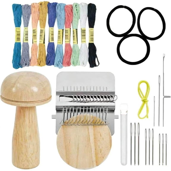 Mini Mushroom Darning Looms, Knitting Machine Darning Kit, Knitting Patch Kit with 14 Hooks Small Weaving Loom 9 Pcs Large Eye Needles 10 Color Threads for Handcraft DIY Weaving Repair Tool