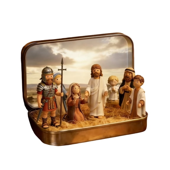 Mini Nativity Scene Set with Decorative Tin Case - Adorable Hand-Painted Figurines, Compact Religious Decor for Home & Church Christmas, Tabletop Display