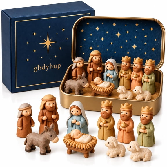 Mini Nativity Scene Set & Figures in a Tin Box 3D Printed Christmas Decor Pocket Size Holy Family Tiny Jesus Figurines Christian Holiday Decor Religious Miniature Keepsake with Storage Box
