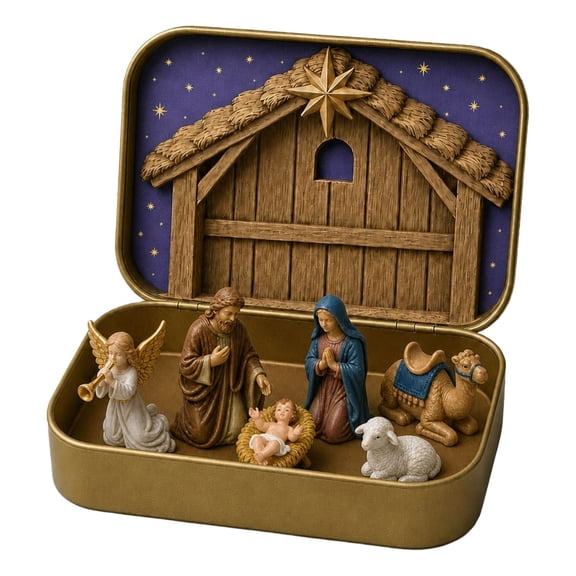 Mini Nativity Scene Set in Tin Box, Small Christmas Figurines Display Kit with Iron Storage Case, Traditional Holy Family Figures for Mantel, Shelf, Table Decoration, 3.94 x 3.15 Inch