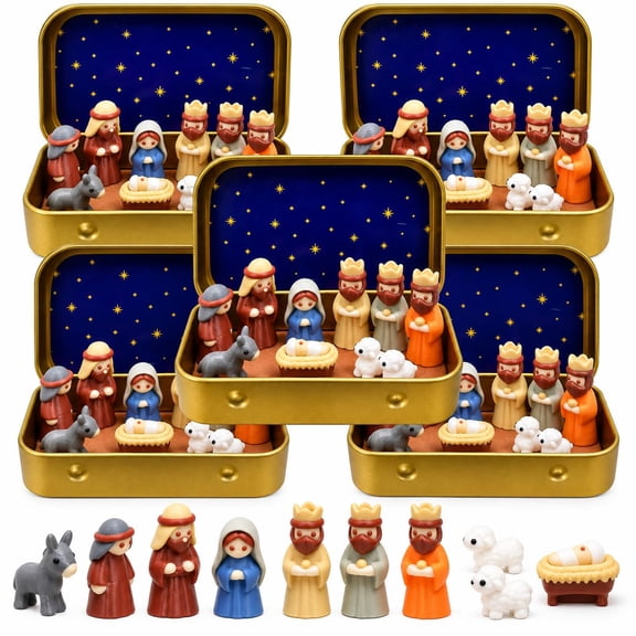 Mini Nativity Scene Set in a Tin Box Christmas Small Gift Boxs Figures Sets, Holy Family Religious Keepsake Stocking Stuffer