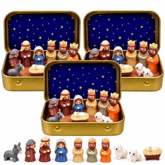 Mini Nativity Scene Set in a Tin Box Christmas Small Gift Boxs Figures Sets