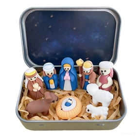 Mini Nativity Scene Tin Box Set, Religious Decor with Holy Family Figurines for Tabletop Display