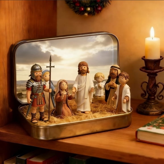 Mini Nativity Set in a Tin Box, Handcrafted Resin Christmas Scene for Tabletop Decor, Execution of Jesus with Holy Family Sheep & Jesus Figurines,Small Religious Christmas Decor