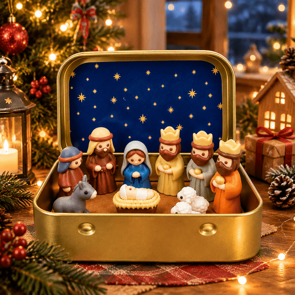 Mini Nativity Set in Tin Box, Portable Christmas Nativity Scene with Holy Family Figurines, Pocket Religious Christmas Decor, Mini Resin Display for Tabletop, Mantel, Shelf Holiday Gift (1PC)