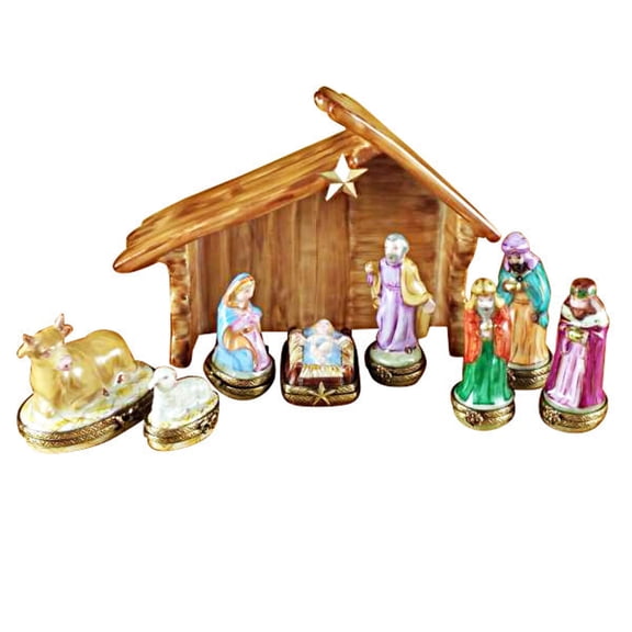 Eight-Piece Mini Hinged Nativity Porcelain Stable Limoges Box Limoges Box Porcelain Figurine