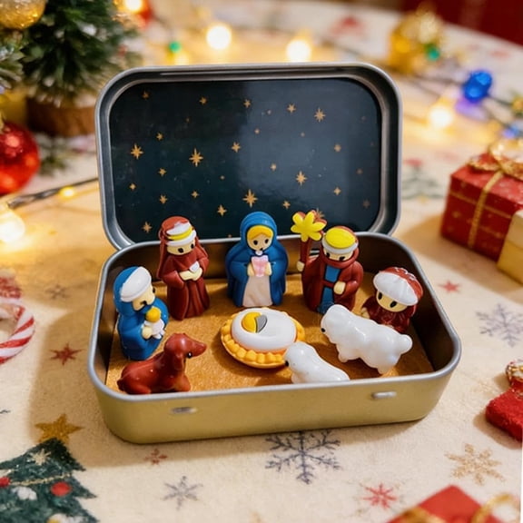 Mini Nativity Set in Tin Box, Handcrafted Figurines for Easter, Classic Religious Scene for Home Office Tabletop Display