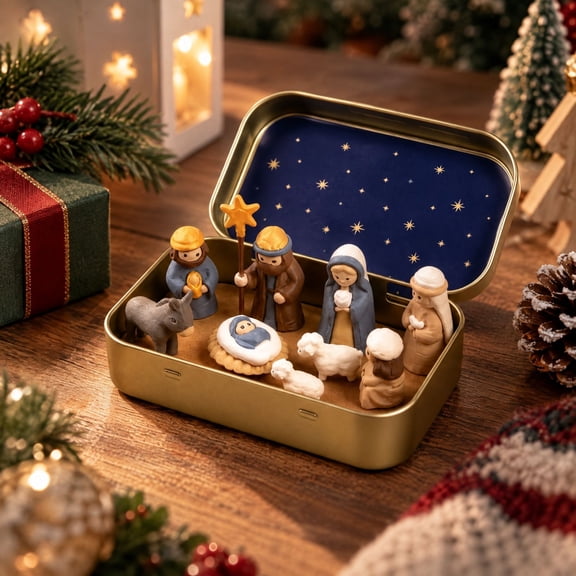 Mini Nativity in a Tin Box - 3.7" Nativity Scene Set with Holy Family Figurines, Portable Pocket Size Religious Tabletop Christmas Decor Gift for Family, Gift Ideas
