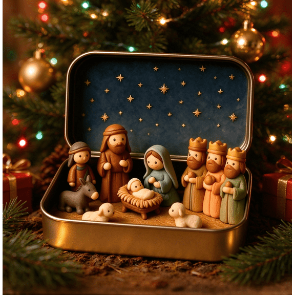 Mini Nativity in a Tin Box - 4.53" Nativity Scene Set with Holy Family Figurines, Portable Pocket Size Religious Christmas Decor Gift for Family, Gift Ideas