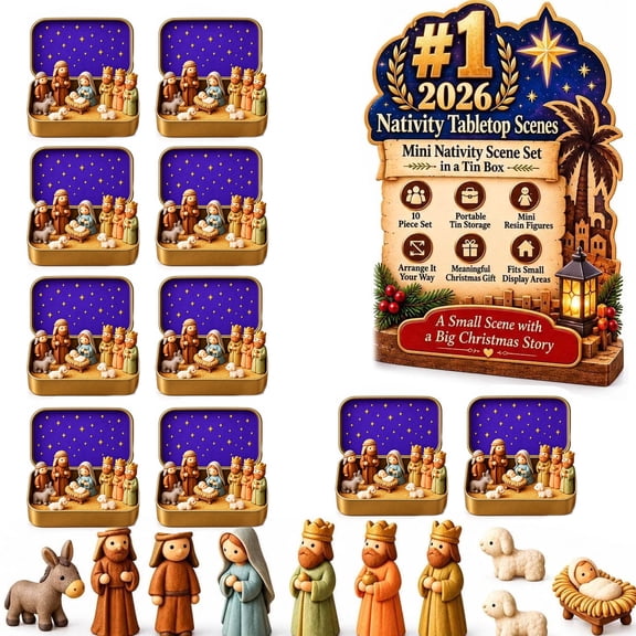 Mini Nativity in a Tin Box, 10-Piece Pocket Size Scene Set Resin Holy Family Figurines, Portable Metal Storage