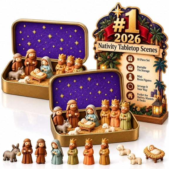 Mini Nativity in a Tin Box, 10-Piece Pocket Size Scene Set Resin Holy Family Figurines, Portable Metal Storage