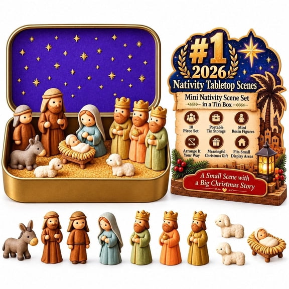 Mini Nativity in a Tin Box, 10-Piece Portable Pocket Size Scene Set Resin Holy Family Figurines