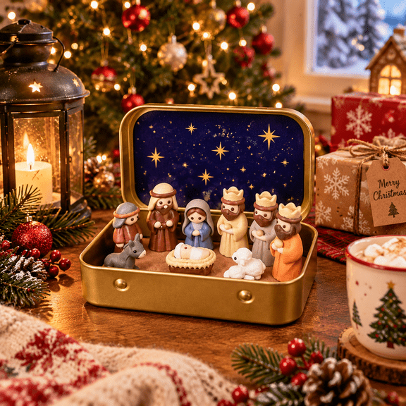 Mini Nativity in a Tin Box, Nativity Set, Christmas Decorations, Detailed Figurines for Fireplace Desktop