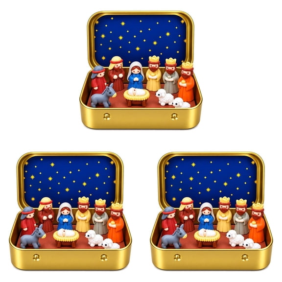 Mini Nativity in a Tin Box, Pocket Nativity Set with Nativity Scene Figures for Christmas Tabletop Decor, Gold, 1 Set