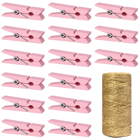 Mini Natural Wooden Clothespins with Jute Twine 100pcs 1.4 Inch Photo Paper Peg Pin Craft Clips with 320ft Natural Twine for Gender Reveal, Baby Shower Decorations, Hanging Photos (Baby Pink)
