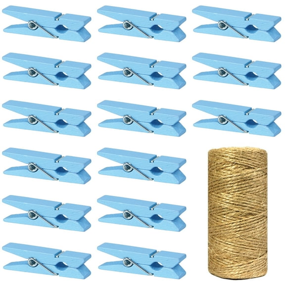 Mini Natural Wooden Clothespins with Jute Twine 100pcs 1.4 Inch Photo Paper Peg Pin Craft Clips with 320ft Natural Twine for Gender Reveal, Baby Shower Decorations, Hanging Photos (Baby Blue)