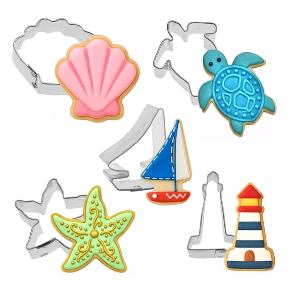 Mini Nautical 5 Piece Cookie Cutter Set - Mini Seashell, Mini Starfish, Mini Lighthouse, Mini Sailboat, Mini Sea Turtle Cookie Cutters - The Cookie Cutter Shop - Tin Plate Steel