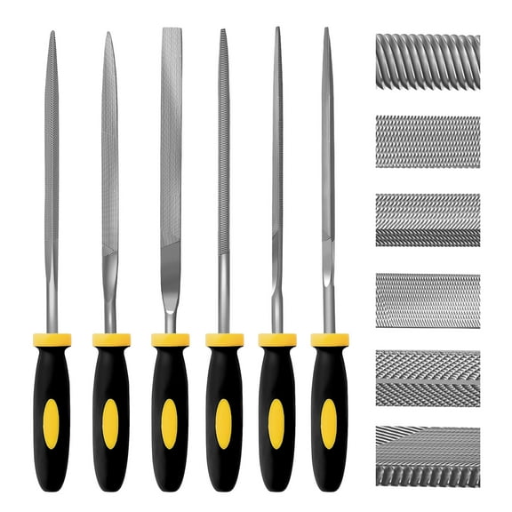 Mini Needle File Set (Carbon Steel 6 Piece-Set) Hardened Alloy Strength Steel - Set Includes Flat, Flat Warding, Square, Triangular, Round, and Half-Round File(6'' Total Length)Black&Yello