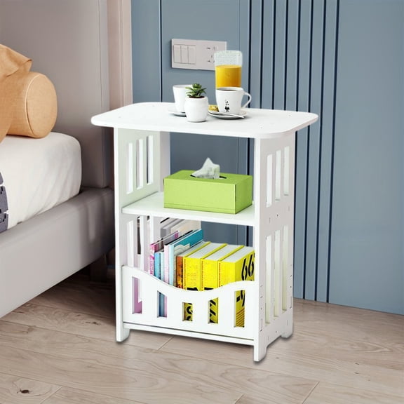 Mini Nightstand Side Table White PVC | Square Tea Table for Living Room Bedroom Sofa | Multi-Tier Storage Shelves Compact Design | 15.75"x14.17"x9.45" | 1 Pack