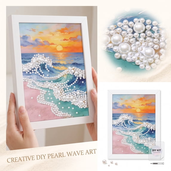 Mini Ocean Pearl Diamond Painting Kit 4.8x6.7 Inch - DIY Small Marine Art Set Shell Fish Wave, Shimmering Rhinestone Desk Decor, Creative Handmade Craft Gift, Cute Coastal Ornament