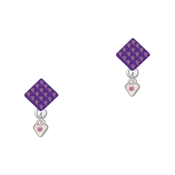 Mini October - Hot Pink Crystal Heart Purple Crystal Diamond-Shape Earrings