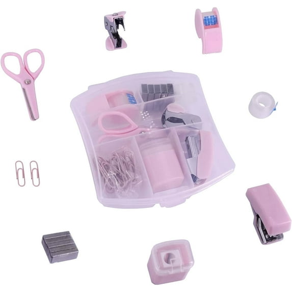 Mini Office Supply Kits – Includes Mini Stapler,Scissors, Staple Remover, Staples, Tape Dispenser (Pink)
