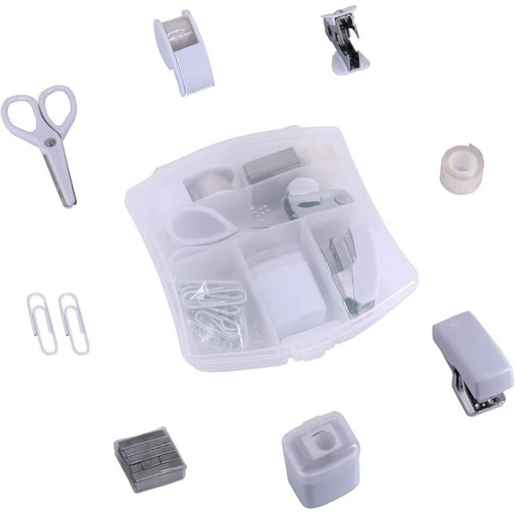 Mini Office Supply Kits – Includes Mini Stapler,Scissors, Staple Remover, Staples, Tape Dispenser (White)