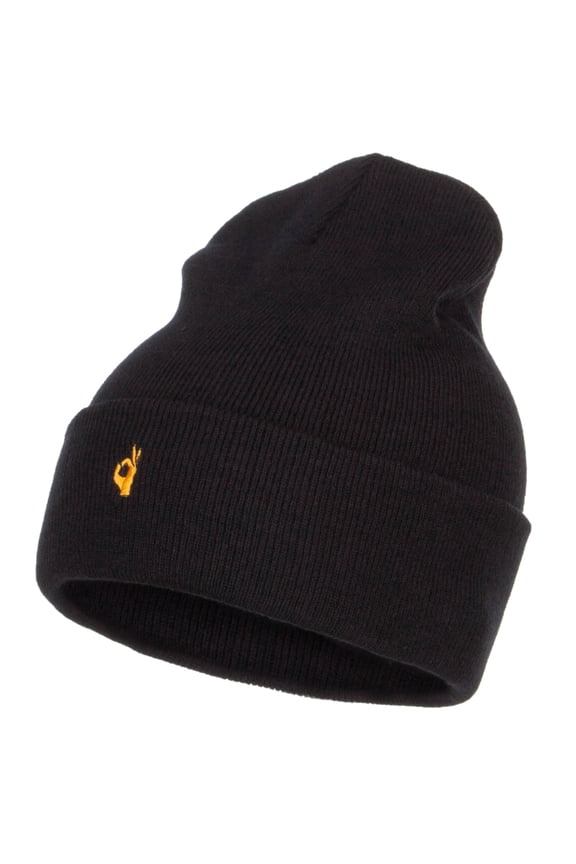 Mini Ok Sign Embriodered Long Beanie - Black OSFM