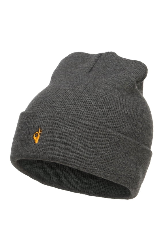 Mini Ok Sign Embriodered Long Beanie - Dk Grey OSFM
