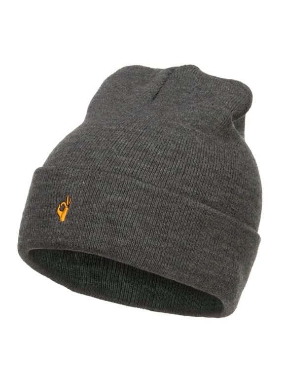 Mini Ok Sign Embriodered Long Beanie - Dk Grey OSFM