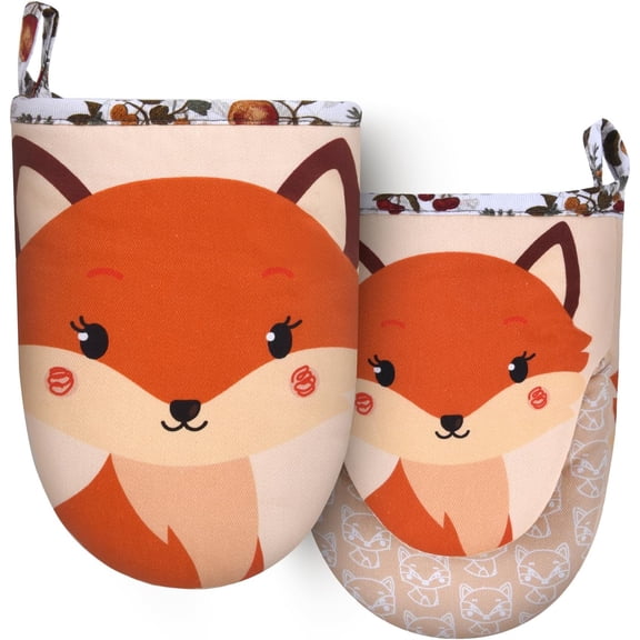 Mini Oven Mitts Cute,Silicone Heat Resistant 500 with Non-Slip Grip and Soft Quilted Cotton Lining for Kitchen Cooking Baking. Machine Washable-Fox