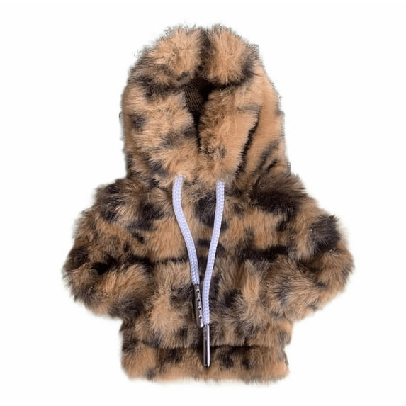 Mini P Hoodie Outfit for 7-Inch Desk Figurines, Fall Porch Decoration Accessories, Soft Fuzzy Doll Clothes for Desktop and Holiday Decor (Pink Leopard Print)