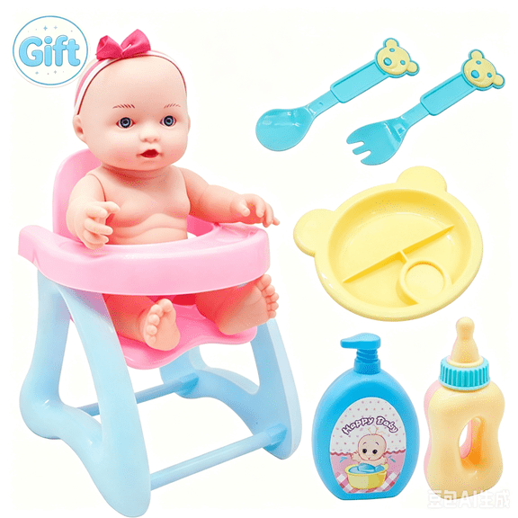 Mini PVC Reborn Baby Doll Pretend Play Set, 7Pcs Feeding Bath Accessories & Doll High Chair, Realistic Simulated Doll Toy for Kids 3+, Nurture Role Play Birthday Holiday Gift
