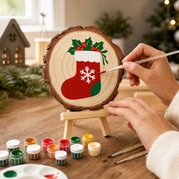 Mini Paint by Numbers Kit for Adults with Wood Slice and Canvas, Christmas Digital Art Set Featuring Winter Motif, Easy Diy Painting by Numbers for Adults Beginners and Kids,
