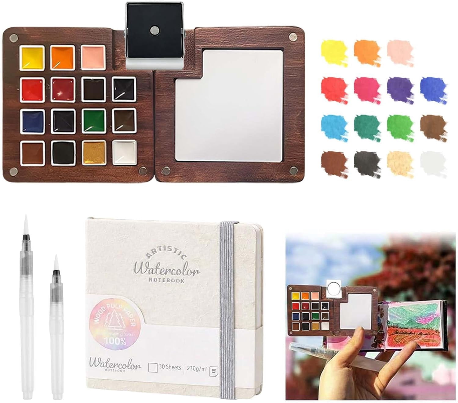 Mini Paint Travel Kit - Mini Travel Watercolor Set, Pocket Artist Water Color Travel Set with Colours, Binder Clips, Watercolor Pens, Wooden Paint Box for Painters Artists Students