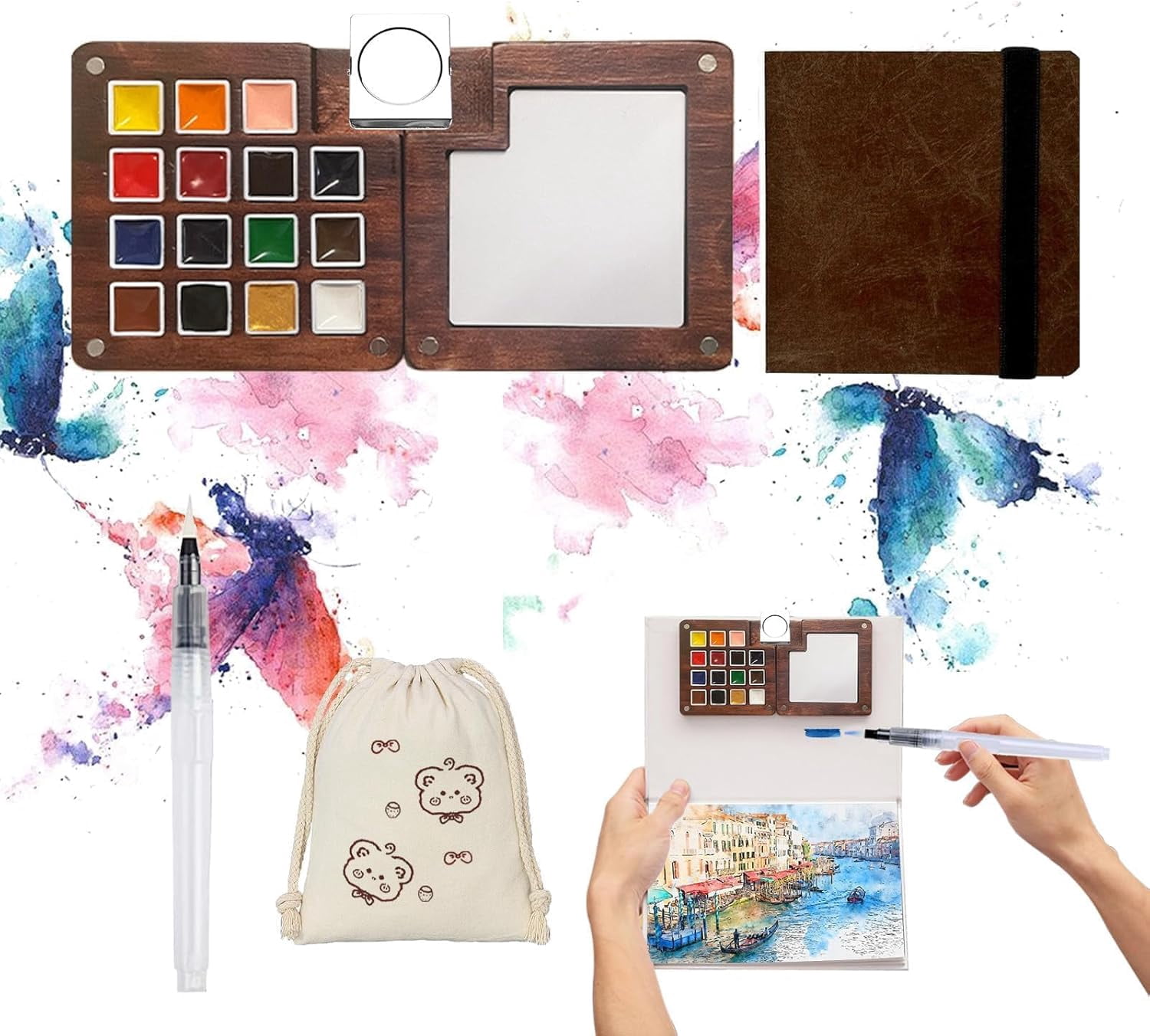 Mini Paint Travel Kit - Mini Travel Watercolor Set, Pocket Artist Water Color Travel Set with Colours, Watercolor Book, Binder Clips, Pens,Wooden Paint Box for Painters Artists Student