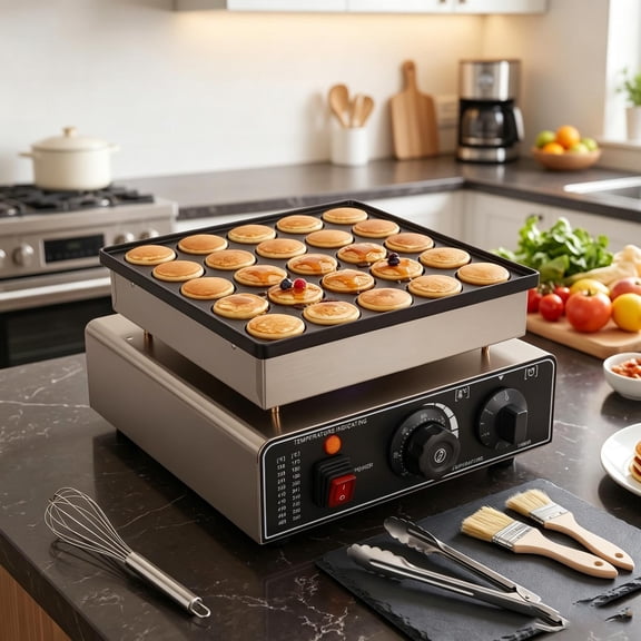 Mini Pancake Maker 25 Holes 900W Fast Heating, Dutch Pancake Baker Non-Stick Surface Easy Clean, Electric Waffle Maker 110V with Timer & Temp Control for Home Caf Party.