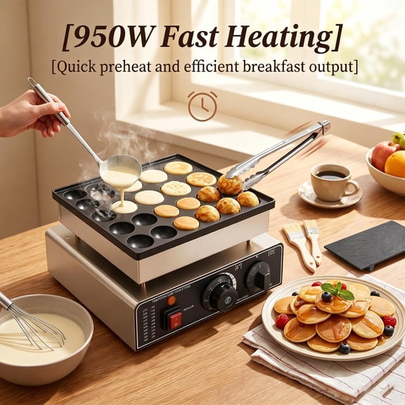 Mini Pancake Maker 25 Holes 950W Fast Heating, Dutch Pancake Baker Non-Stick Surface Easy Clean, Poffertjes Grill 8.8lbs Portable for Breakfast Coffee Shop Party.