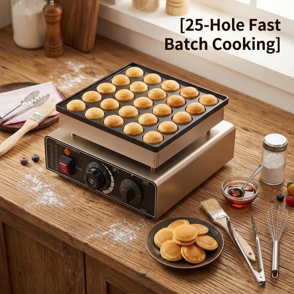 Mini Pancake Maker Non-Stick 25 Holes, Dutch Pancake Machine Adjustable Temp 50-300C, Non-Stick Electric Poffertjes Maker 900W 110V with Timer for Breakfast Camping Coffee Shop, Silver