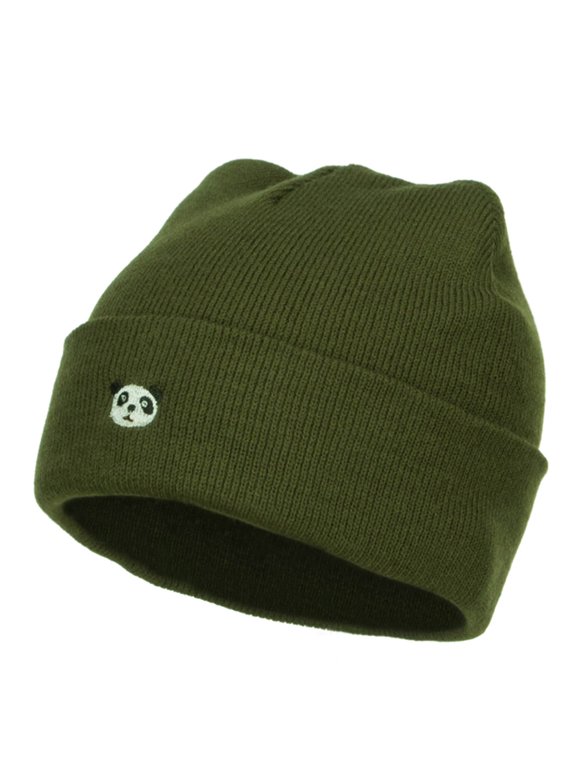 Mini Panda Embroidered Long Beanie - Olive OSFM