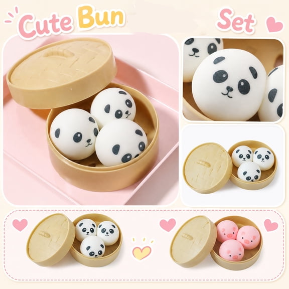 Mini Panda Printed Squishy Anxiety Relief Toys with Simulated Bamboo Steamer, 3 Pcs Food Shape Sensory Squeeze Fidget Set, Portable Calming Toys for School Office Daily Relaxation