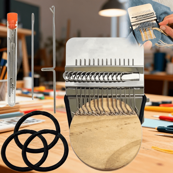 Mini Patch Loom Kit, Darning Loom for Quick Fabric Mending, DIY Patchmaker Loom, Portable Weaving Tool Set for Clothing and Accessories(28 Hooks)