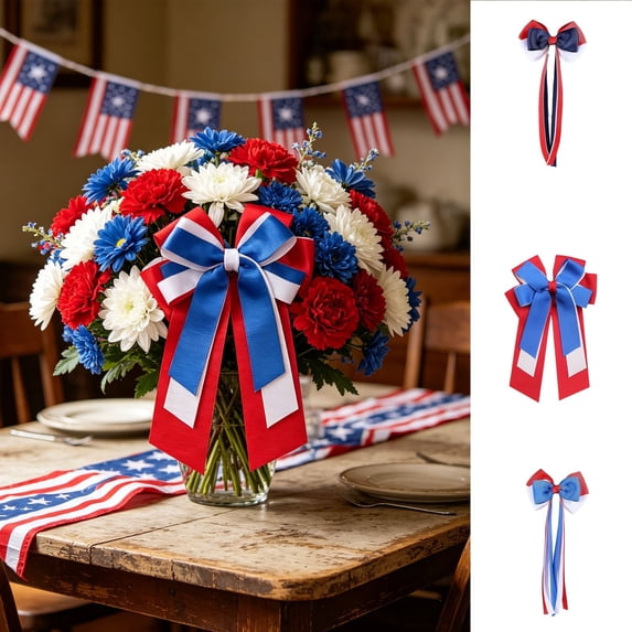 Mini Patriotic Red White Blue Ribbon Bows, Designed for Independence Day Wreath Embellishment, Versatile Small Decor Bows for Door, Window, Wall, Gift Wrapping and 4th of July Memorial Day, B