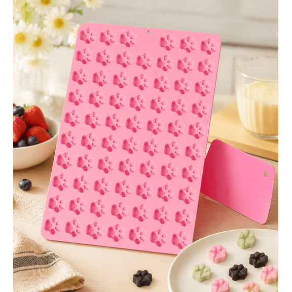 Mini Paw Print Silicone Molds, 69 Cavities Food Grade Pawprint Mold for Chocolate, Candy, Jelly, Gummy, Dog Treats, Cake Decor, Snack Biscuits with Scraper