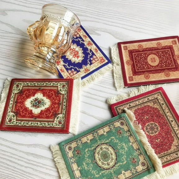 Mini Persian Woven Coasters Carpet Pattern Coaster Dining Table Decoration Technology.Red