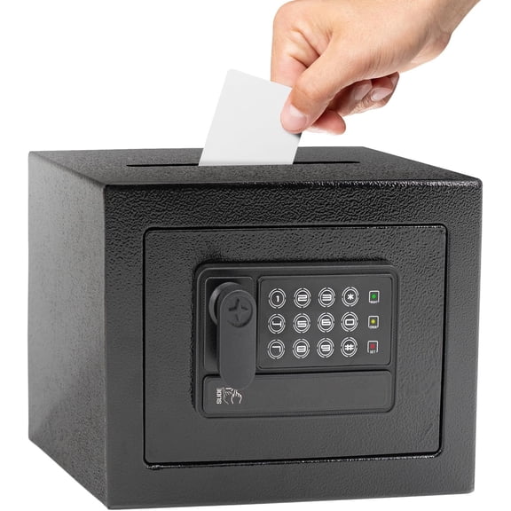 Mini Personal Safe Box - Small Box with Digital Keypad & Manual Override , 0.2 Cubic Steel Deposit Box for , , Office, Hotel, & (Black)